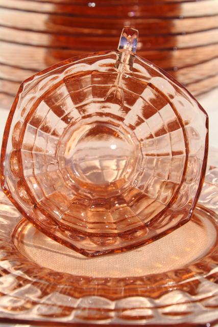 photo of vintage pink depression glass dishes set for 8, bamboo optic octagon shape #10