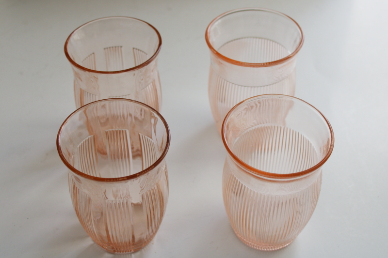 photo of vintage pink depression glass drinking glasses, 1930s Hazel Atlas table tumblers ribbed pattern #2