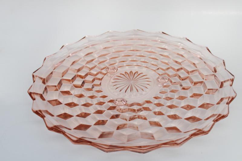 photo of vintage pink depression glass footed cake tray or plate, Jeannette cube cubist pattern #1