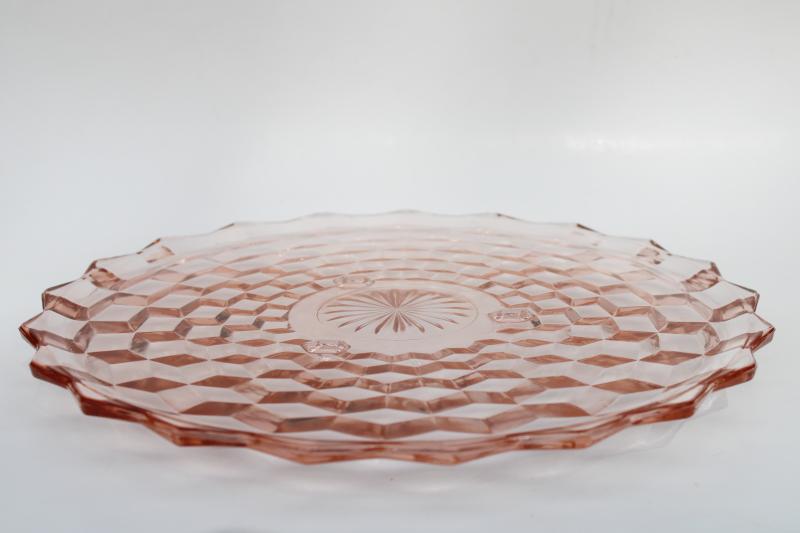 photo of vintage pink depression glass footed cake tray or plate, Jeannette cube cubist pattern #5