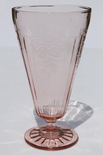 photo of vintage pink depression glass footed tumblers, mismatched pattern glass flower vases #3