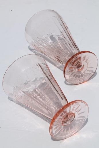 photo of vintage pink depression glass footed tumblers, mismatched pattern glass flower vases #4