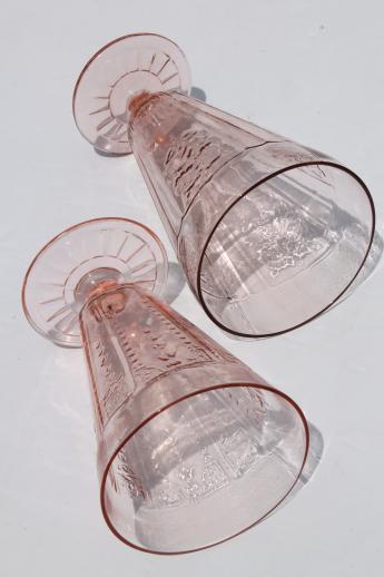 photo of vintage pink depression glass footed tumblers, mismatched pattern glass flower vases #5