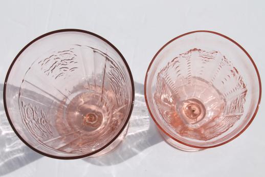 photo of vintage pink depression glass footed tumblers, mismatched pattern glass flower vases #7