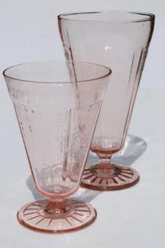 catalog photo of vintage pink depression glass footed tumblers, mismatched pattern glass flower vases