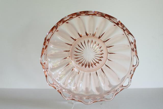 photo of vintage pink depression glass, large bowl open lace laced edge crocheted crystal #1