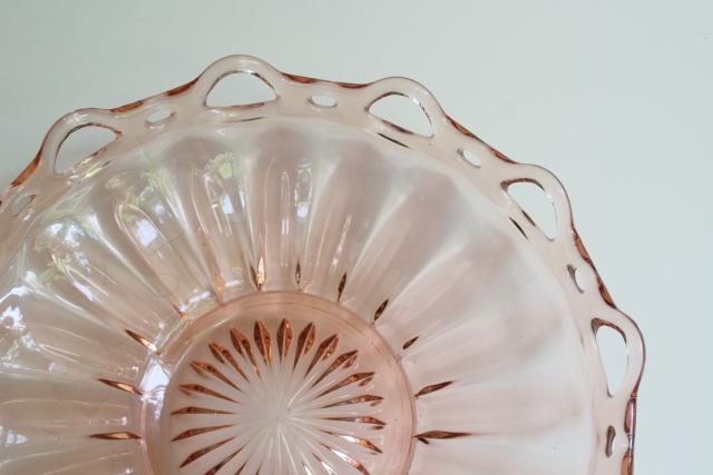 photo of vintage pink depression glass, large bowl open lace laced edge crocheted crystal #2