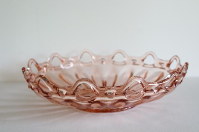 photo of vintage pink depression glass, large bowl open lace laced edge crocheted crystal #3