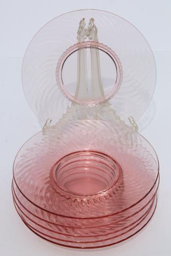 photo of vintage pink depression glass luncheon plates set, Anchor Hocking spiral swirl #1