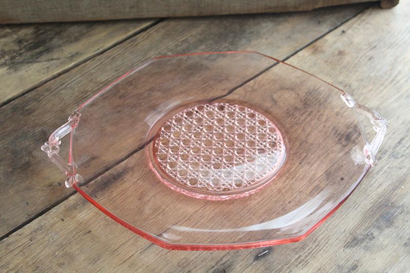 photo of vintage pink depression glass octagon plate or serving tray, Lancaster glass #3