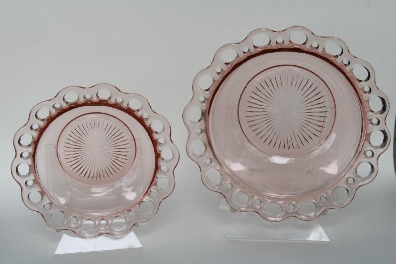 photo of vintage pink depression glass, open lace edge bowls Anchor Hocking Old Colony pattern #1