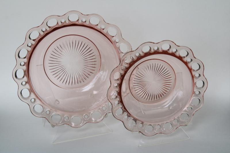 photo of vintage pink depression glass, open lace edge bowls Anchor Hocking Old Colony pattern #2