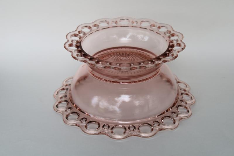 photo of vintage pink depression glass, open lace edge bowls Anchor Hocking Old Colony pattern #7