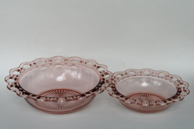 photo of vintage pink depression glass, open lace edge bowls Anchor Hocking Old Colony pattern #9