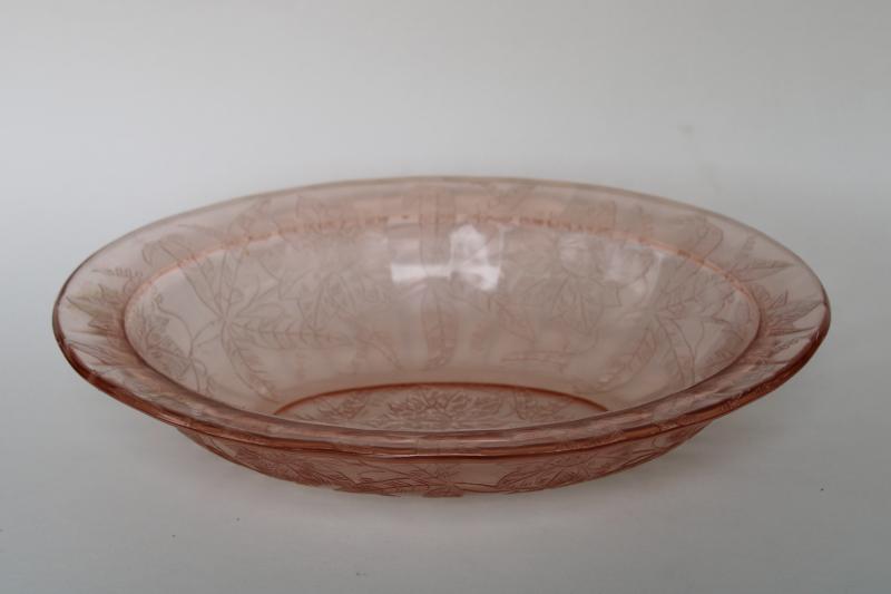 photo of vintage pink depression glass oval bowl, Jeannette glass poinsettia floral pattern #1