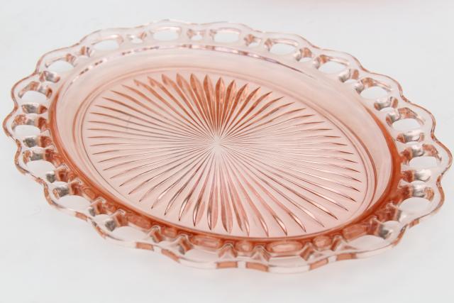 vintage pink depression glass plates bowls Anchor Hocking Old Colony open lace edge