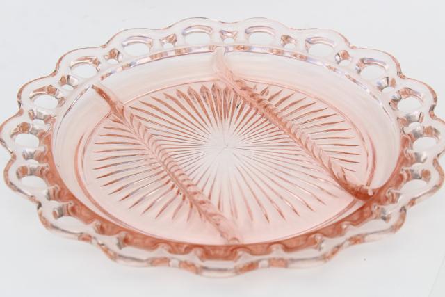 photo of vintage pink depression glass plates & bowls, Anchor Hocking Old Colony open lace edge #7