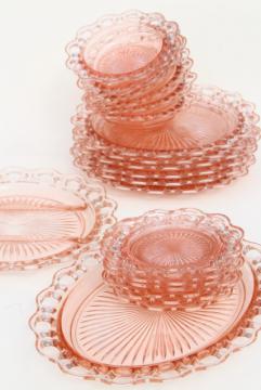 catalog photo of vintage pink depression glass plates & bowls, Anchor Hocking Old Colony open lace edge