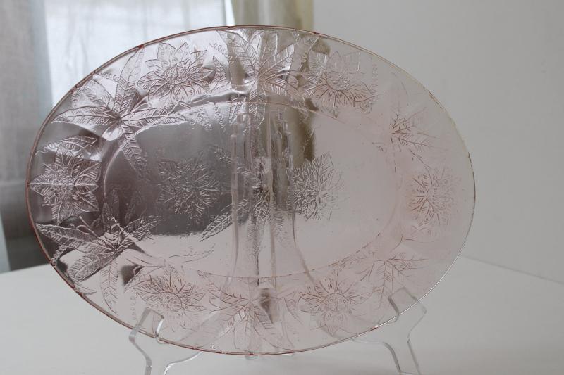 photo of vintage pink depression glass poinsettia floral Jeannette glass platter or tray #1
