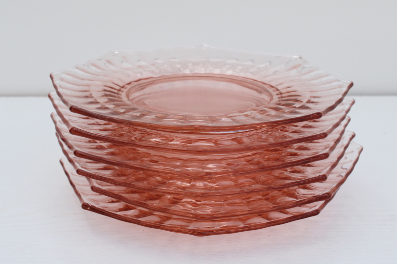 photo of vintage pink depression glass salad or dessert plates, Liberty Works bamboo block optic pattern  #6