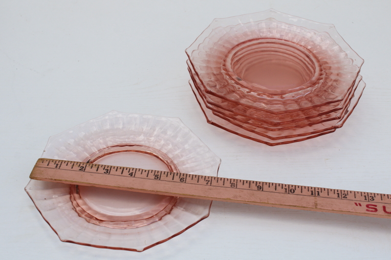 photo of vintage pink depression glass salad or dessert plates, Liberty Works bamboo block optic pattern  #7