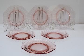 vintage pink depression glass salad or dessert plates, Liberty Works bamboo block optic pattern 