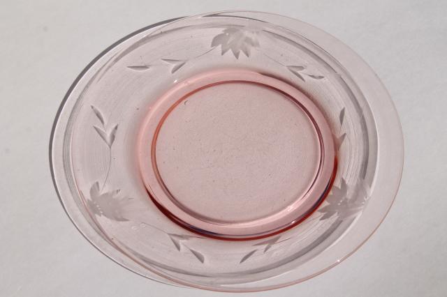 photo of vintage pink depression glass salad plates, wheel cut flower & vines border #4