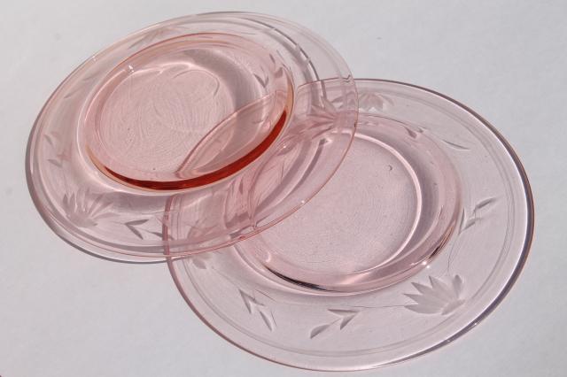 photo of vintage pink depression glass salad plates, wheel cut flower & vines border #5