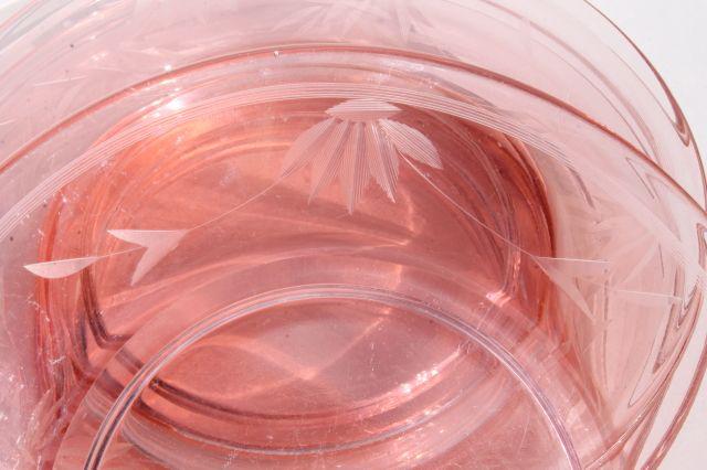 photo of vintage pink depression glass salad plates, wheel cut flower & vines border #7