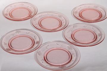 catalog photo of vintage pink depression glass salad plates, wheel cut flower & vines border