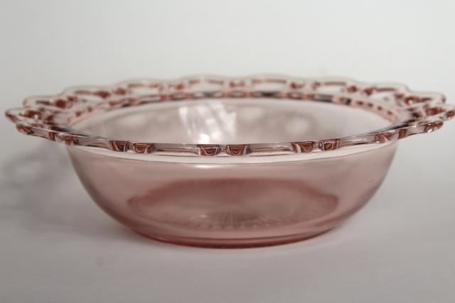 photo of vintage pink depression glass salad serving bowl, Anchor Hocking Old Colony open lace edge #2