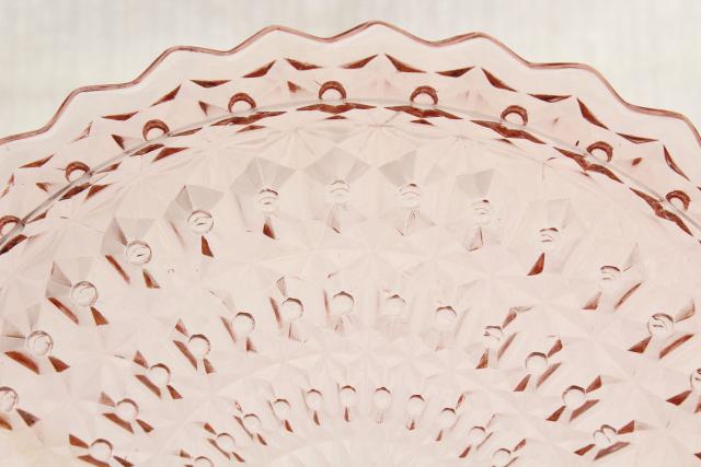 photo of vintage pink depression glass sandwich or cake plate Jeannette holiday buttons and bows pattern #4