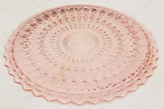 photo of vintage pink depression glass sandwich or cake plate Jeannette holiday buttons and bows pattern #6