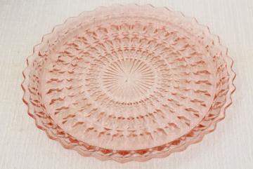 catalog photo of vintage pink depression glass sandwich or cake plate Jeannette holiday buttons and bows pattern