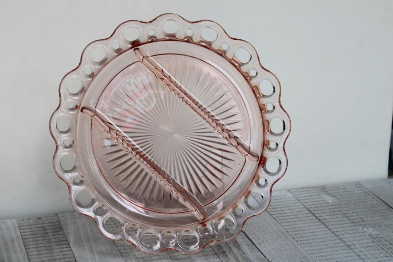 photo of vintage pink depression glass serving tray, lace edge divided relish plate #1