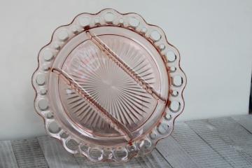 catalog photo of vintage pink depression glass serving tray, lace edge divided relish plate