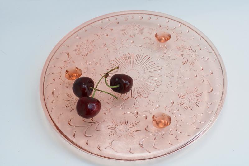 photo of vintage pink depression glass shaggy daisy pattern cake stand, low footed plate #1