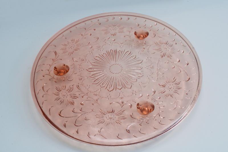 photo of vintage pink depression glass shaggy daisy pattern cake stand, low footed plate #3