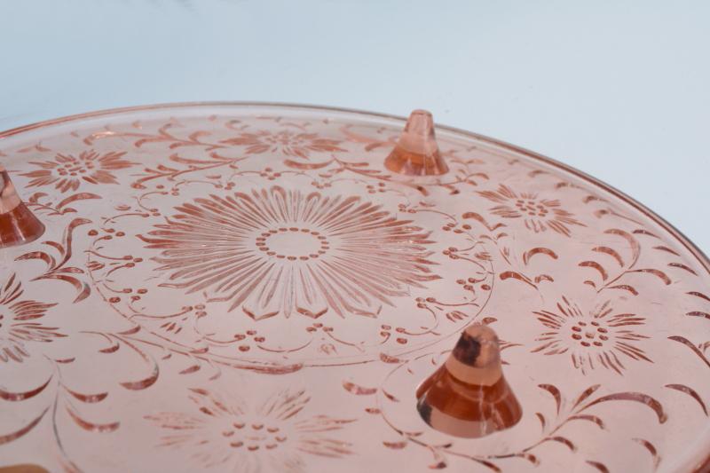 photo of vintage pink depression glass shaggy daisy pattern cake stand, low footed plate #4