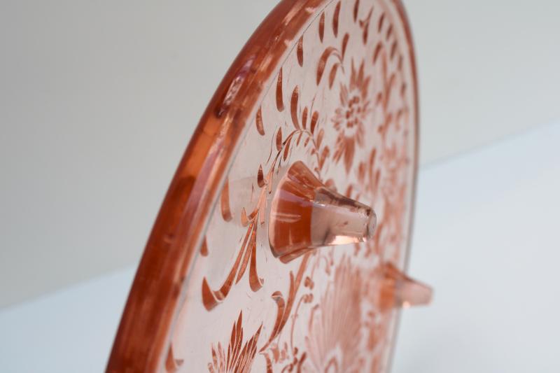 photo of vintage pink depression glass shaggy daisy pattern cake stand, low footed plate #5