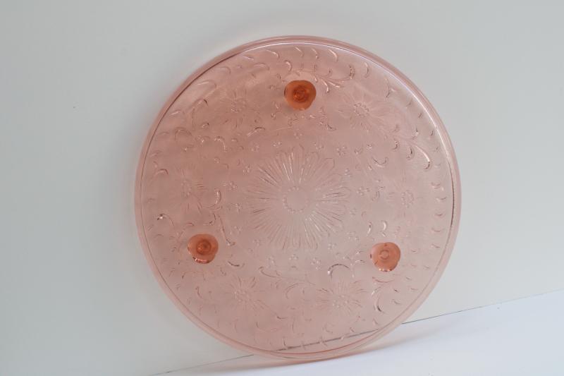 photo of vintage pink depression glass shaggy daisy pattern cake stand, low footed plate #6