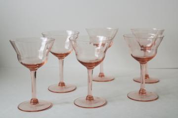 catalog photo of vintage pink depression glass stemware, tulip champagne glasses or cocktails 