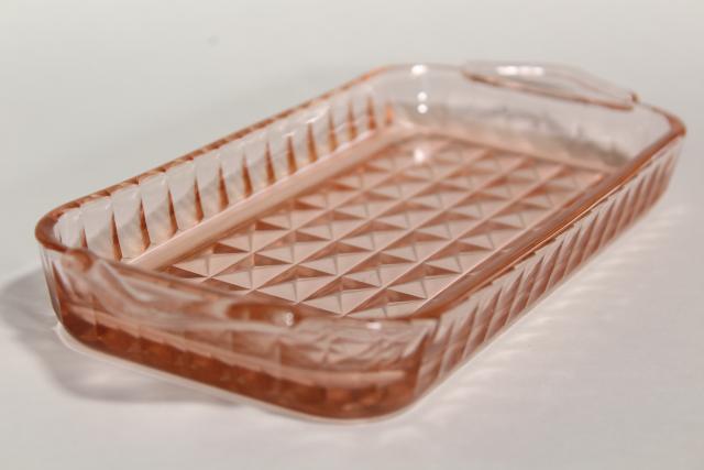 photo of vintage pink depression glass tray or cranberry dish, Jeannette cube Windsor pattern #2