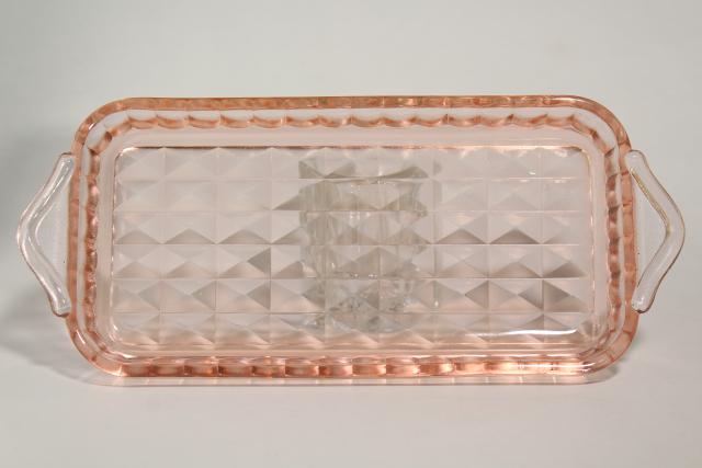 photo of vintage pink depression glass tray or cranberry dish, Jeannette cube Windsor pattern #3