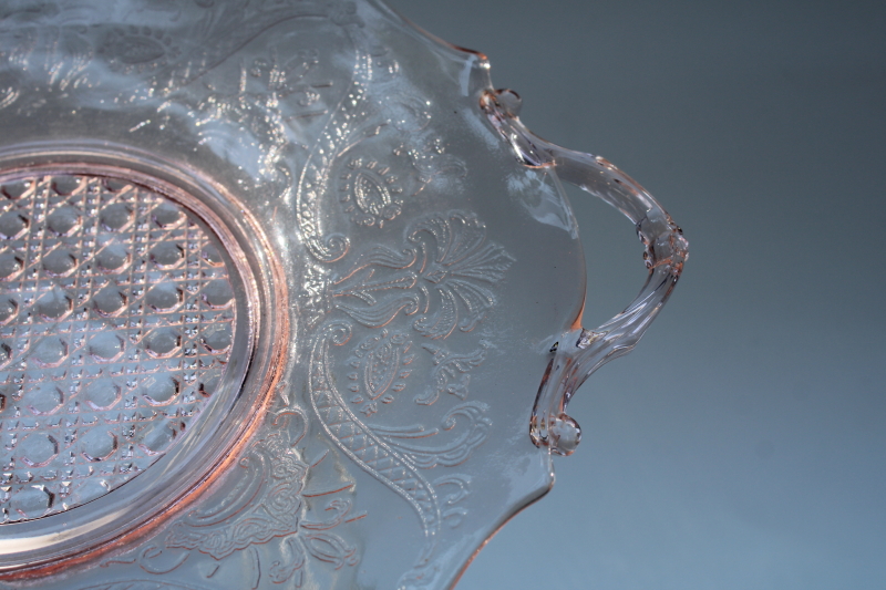 photo of vintage pink depression glass tray or handled plate, Landrum cane & floral pattern Lancaster glass  #3