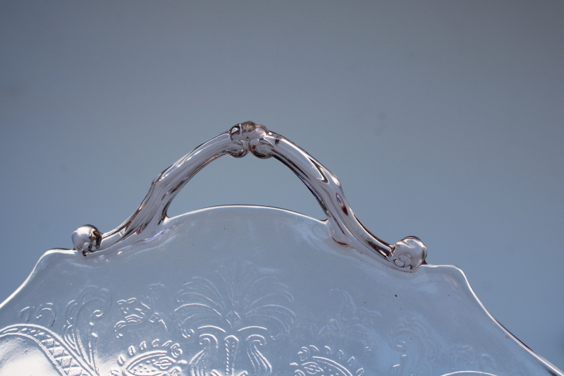 photo of vintage pink depression glass tray or handled plate, Landrum cane & floral pattern Lancaster glass  #4