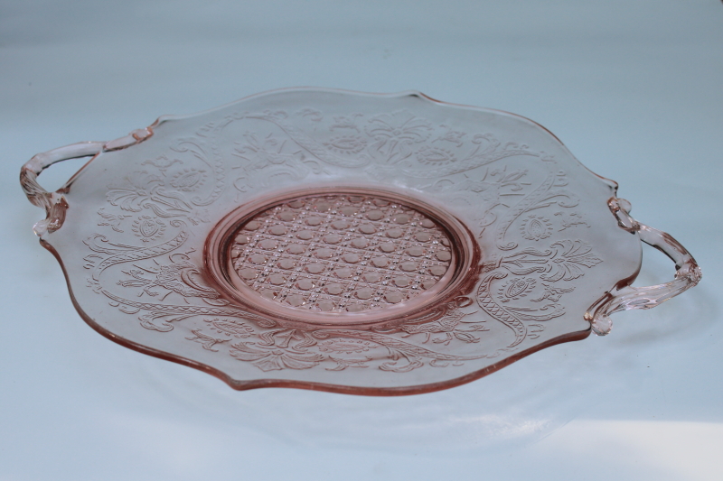 photo of vintage pink depression glass tray or handled plate, Landrum cane & floral pattern Lancaster glass  #5