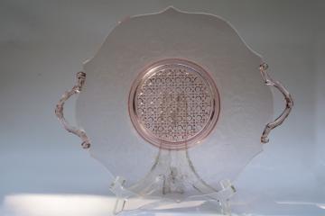 vintage pink depression glass tray or handled plate, Landrum cane & floral pattern Lancaster glass 