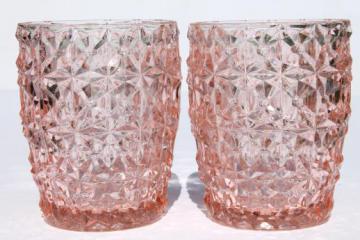 catalog photo of vintage pink depression glass tumblers, buttons & bows Holiday drinking glasses