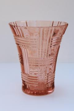 catalog photo of vintage pink depression glass vase, criss cross basketweave pattern, Hazel Atlas or Anchor Hocking 